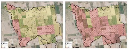The amount of rented farmland in the Kettle Creek watershed in 1995 (left image) compared to 2011. Rented land is shown in red. Images used courtesy of Upper Thames River Conservation Authority and the Soil and Water Environmental Enhancement Program
